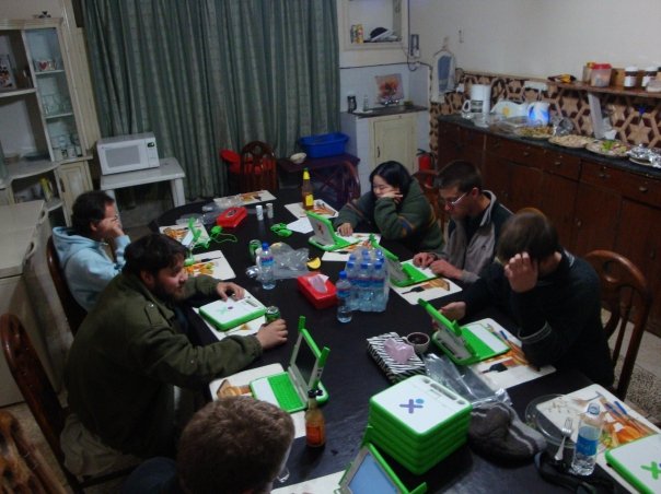 We've chased away the other Taj guests from the dining table by playing with our "Hundred Dollar Laptop"s with built-in Pashto keyboards... while eating dinner. We charge the laptops at the Fablab and loan them out for users to take home or on field trips.