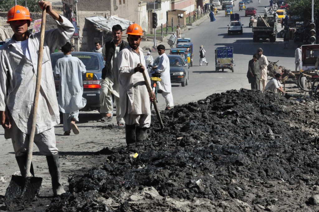 This is very early in the morning - we pile up this sludge all day and have crews working through the night to haul it away. Jalalabad is the only city in which we can work are night.