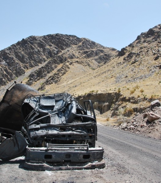 This is the front of the truck - on rte 1 looking east. The attack point looks to be the hill behind - at least that is where the ANP were patrolling when we arrived