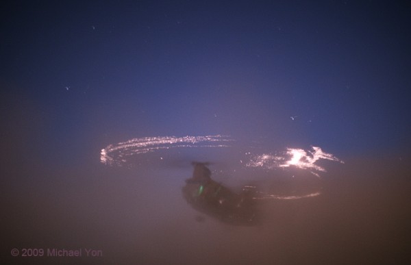 Michael Yonis down south with the Marines and sent this very cool picture of a CH-47 landing in brownout conditions. It takes a ton of both skill and guts to land a bird in these kinds of conditions