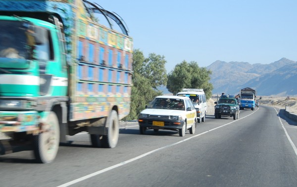 Traffic on the Jalalabad - Kabul road. Traffic has always flowed freely on this vital route despite periodic low level attacks aimed mainly at fuel tankers.