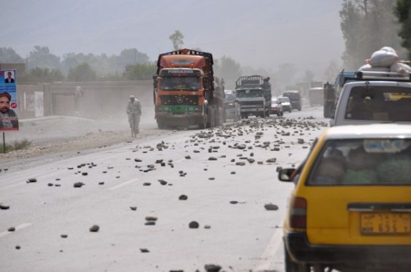 The aftermath of a brief reportedly violent demonstration on the Jalabad/Torkham road yesterday morning