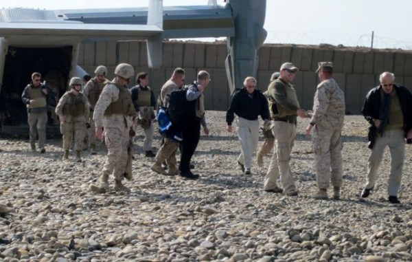 Col Dave Furness greeting arriving congress members at the COP in Marjah. Both Dave and Paul Kennedy - the CO of RCT 6 which was based in Delaram last year are 