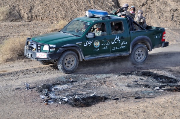 Moving out of ambush ally we passed the spot where the Highway Patrol Commander's truck was torched after the ambush last week 